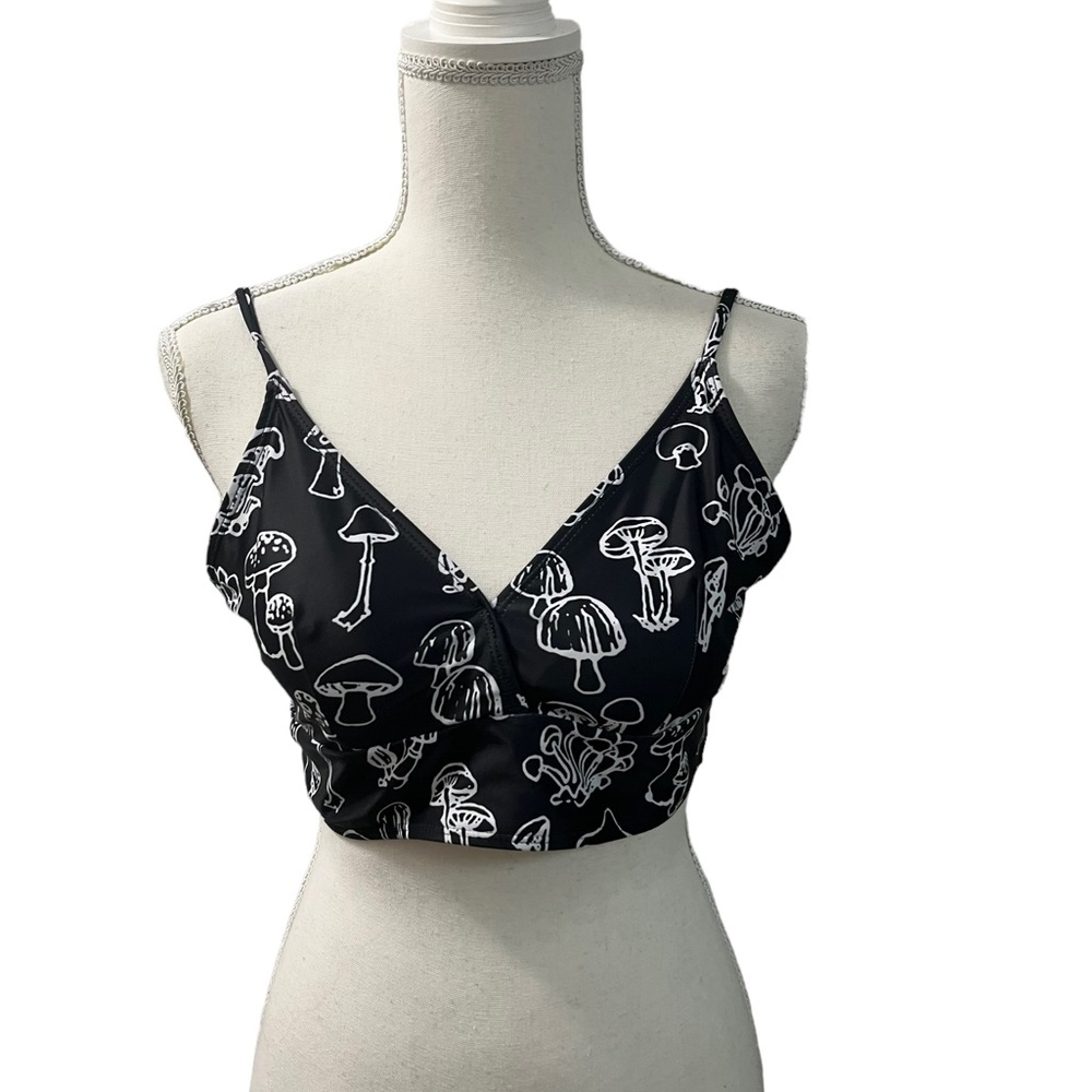 Ronwe Swimwear Top Black White Mushrooms Adjustable Shoulder & Back Straps Sz L